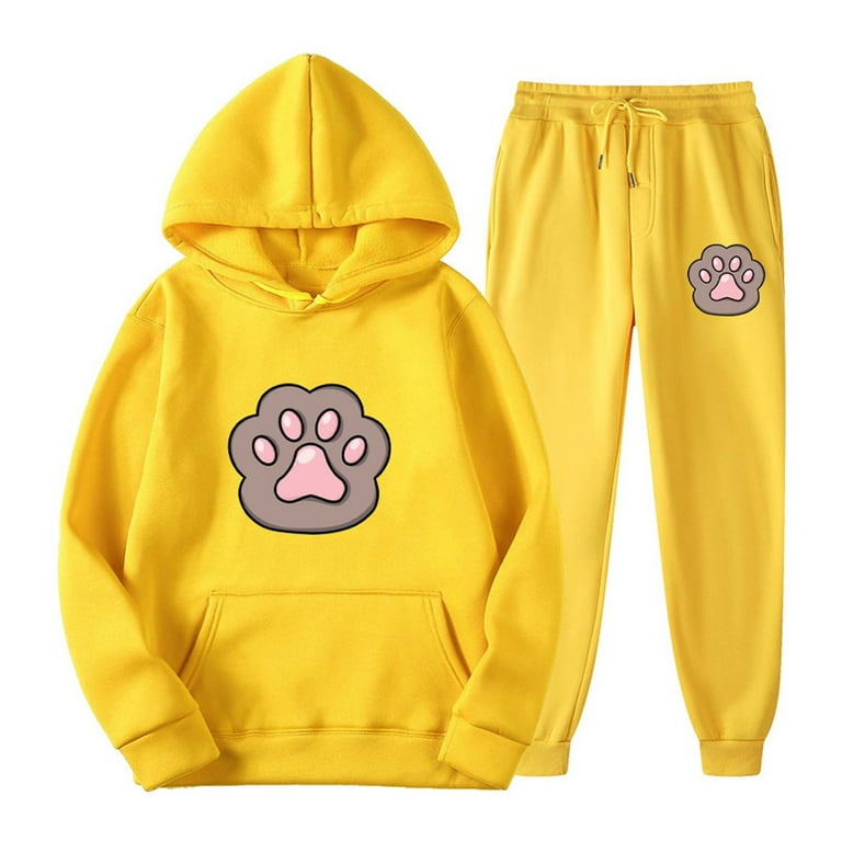 DeHolifer Unisex Sweatsuits for Couples Set Tracksuit Winter 2 piece Outfits Cue Paw Pads Printed Hoodie Sweatshirts and Sweatpant Set Yellow M Walmart