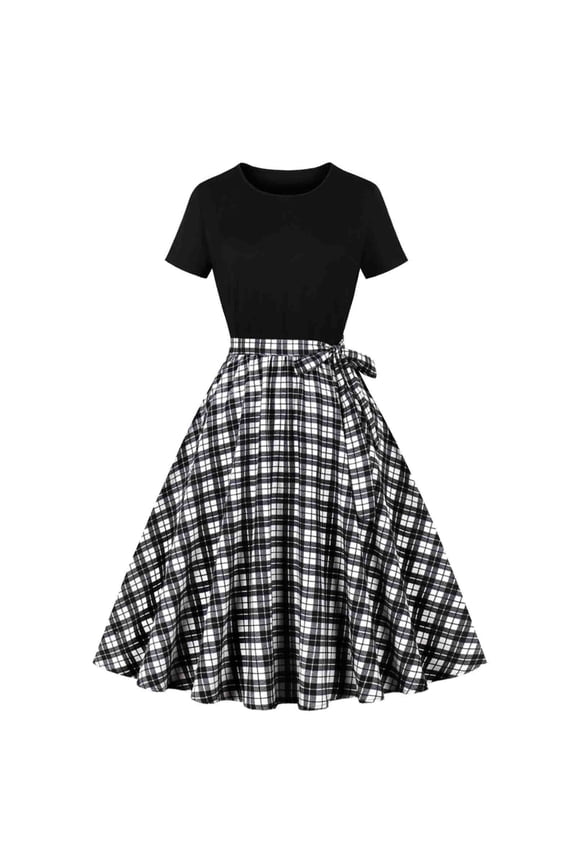 DeHolifer Vintage Dress for Women 1950s Party Print Crewneck Short Sleeve A-line Hepburn Style Cocktail Swing Dresses Black M