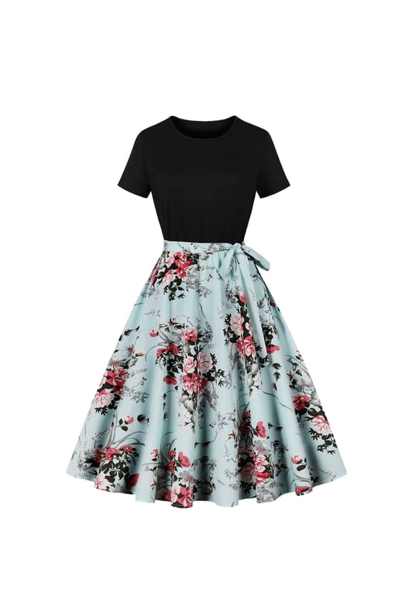 DeHolifer Vintage Dress for Women 1950s Party Print Crewneck Short Sleeve A-line Hepburn Style Cocktail Swing Dresses Light Blue 2XL