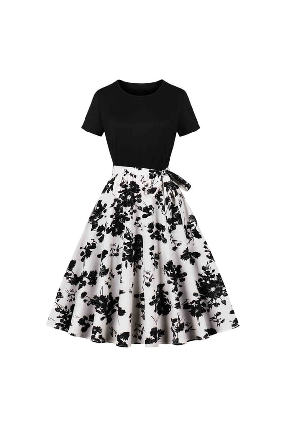 DeHolifer Vintage Dress for Women 1950s Party Print Crewneck Short Sleeve A-line Hepburn Style Cocktail Swing Dresses White 2XL