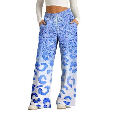 DeHolifer Wide Leg Pants For Women High Waist Leopard Print Drawstring Loose Comfy Trousers with Pocket Blue L