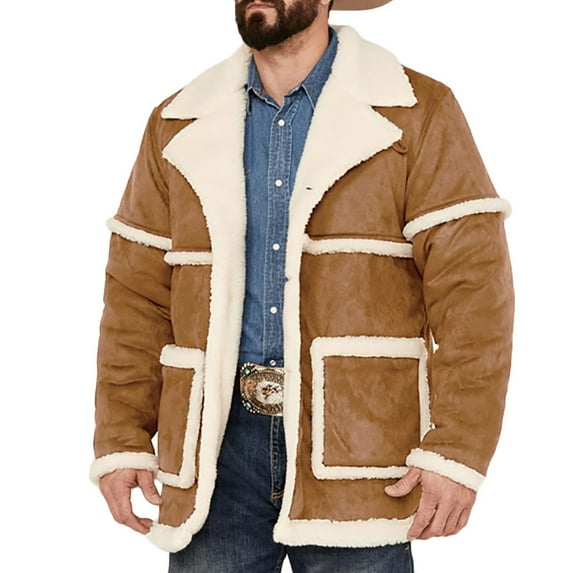 DeHolifer Winter Coat for Men Lapel Plush Warm Thermal Button Long Sleeve Pockets Loose Casual Coat Khaki 2XL