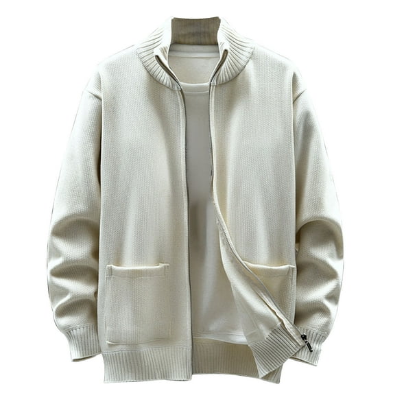 DeHolifer Winter Coat for Men Solid Color Knit Stand Up Collar Zipper Long Sleeve Sweater Coat with Pockets Beige 3XL