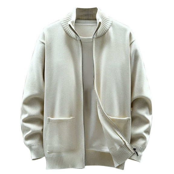 QQAMB Winter Coat for Men Solid Color Knit Stand Up Collar Zipper Long Sleeve Sweater Coat with Pockets Beige M