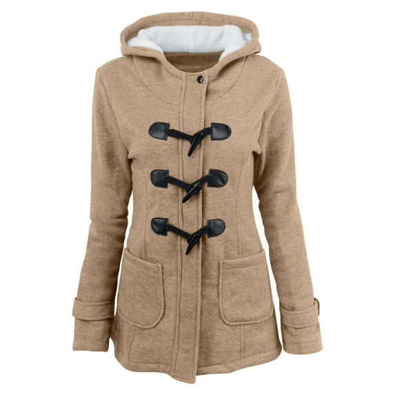 QQAMB Winter Coat for Women Button Solid Color Long Sleeve Padded Hooded Coat Jacket Overcoat with Pocket Khaki 2XL