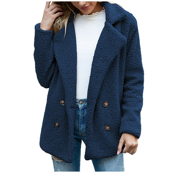 DeHolifer Winter Coats for Women Plus Size Long Sleeve Lapel Lambswool Button Cardigan Coat Casual Fashion 2023 Outerwear Coats Navy 5XL