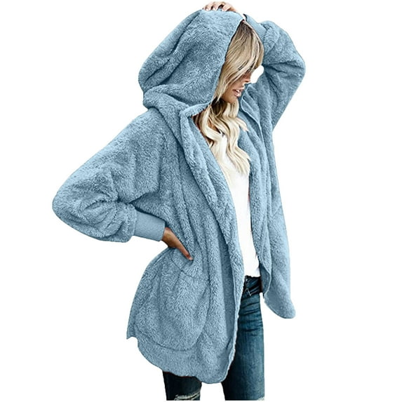 DeHolifer Winter Jackets for Women 2023 Solid Color Fuzzy Fleece Coat Casual Puffer Winter Warm Hooded Coats Sky Blue S