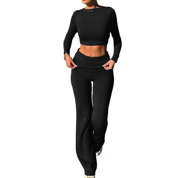 QQAMB Women 2 Piece Lounge Sets Long Sleeve Cold Shoulder Tops+Fold-over Flare Pants Casual Outfits Pajamas Sets Black S