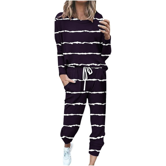DeHolifer Women 2 Piece Outfit Casual Long Sleeve Crewneck Strip Print Sweatshirt and Drawstring Long Pant Set Sweatsuits Tracksuits Navy 5XL