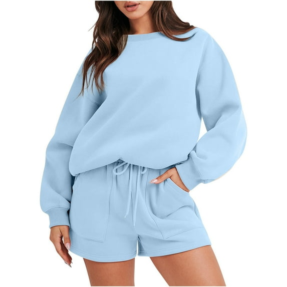 DeHolifer Women 2 Piece Outfits Hoodie Short Set Oversized Solid Sweatshirt Shorts Casual Round-Neck Sweatsuit Y2K Clothes Long Sleeve Tops Light Blue M