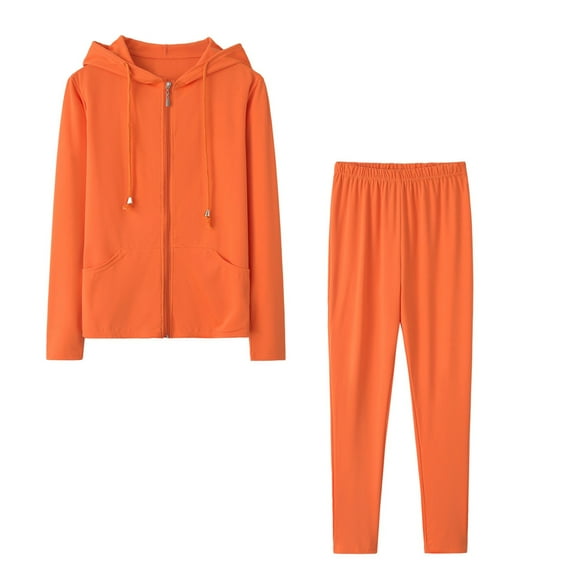 QQAMB Women 2 Piece Outfits Hoodie Sweatshirt Tracksuit Solid Color Hooded Zip Up Jacket Coat and Pant Sport Suit Sweatsuit Orange M