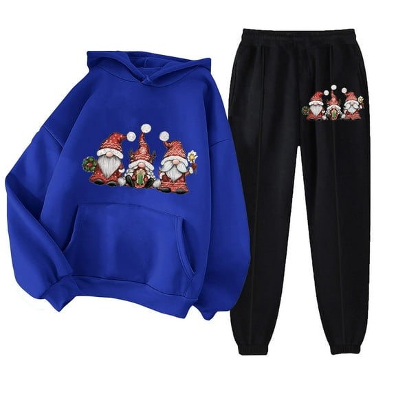 DeHolifer Women 2 Piece Outfits Long Sleeve Printed Drawstring Hoodies Jogger Sweatshirt and Pants Lounge Sets Fall Winter Tracksuit Blue L