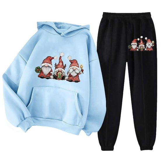 DeHolifer Women 2 Piece Outfits Long Sleeve Printed Drawstring Hoodies Jogger Sweatshirt and Pants Lounge Sets Fall Winter Tracksuit Light Blue L