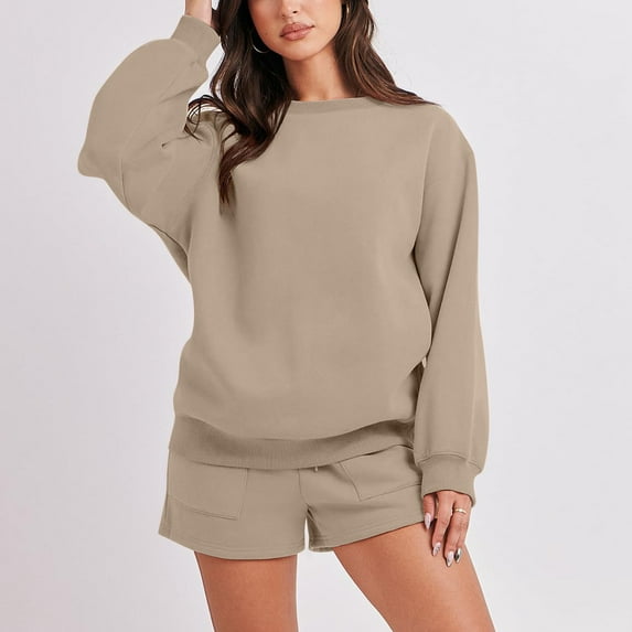 QQAMB Women 2 Piece Outfits Sweatsuit Fashion Oversized Solid Sweatshirt & Lounge Shorts Casual Round-Neck Cozy Long Sleeve Tops Pajamas Tacksuit Set Khaki XXL