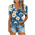 thumbnail image 1 of DeHolifer Women Casual T-Shirts Plus Size Floral Printed Trendy V-Neck Short Sleeve Loose T-Shirt Blouse Tops Blue XL, 1 of 1