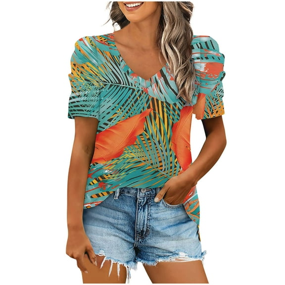 DeHolifer Women Casual T-Shirts Plus Size Floral Printed Trendy V-Neck Short Sleeve Loose T-Shirt Blouse Tops Green 3XL