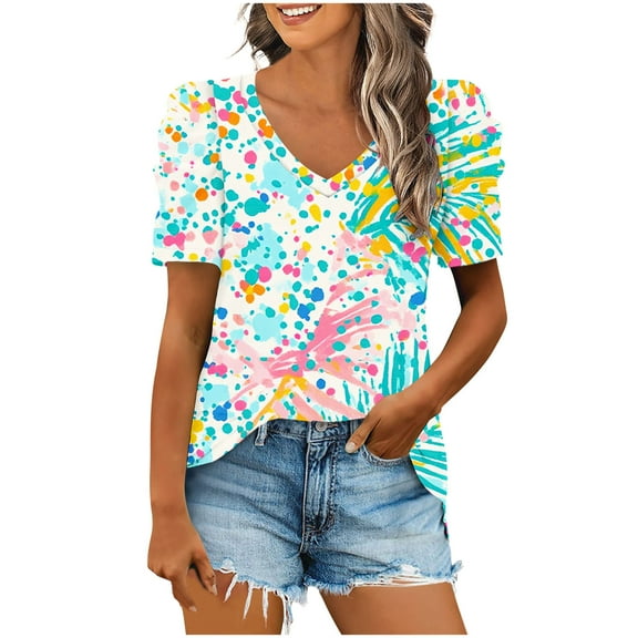 QQAMB Women Casual T-Shirts Plus Size Floral Printed Trendy V-Neck Short Sleeve Loose T-Shirt Blouse Tops Green L