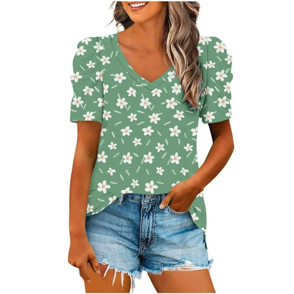 QQAMB Women Casual T-Shirts Plus Size Floral Printed Trendy V-Neck Short Sleeve Loose T-Shirt Blouse Tops Multicolor S