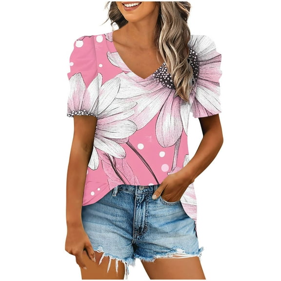 QQAMB Women Casual T-Shirts Plus Size Floral Printed Trendy V-Neck Short Sleeve Loose T-Shirt Blouse Tops Pink XL