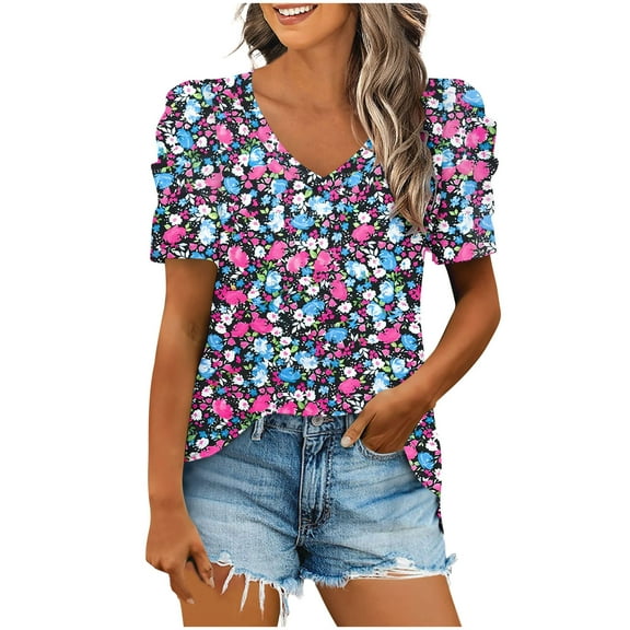 QQAMB Women Casual T-Shirts Plus Size Floral Printed Trendy V-Neck Short Sleeve Loose T-Shirt Blouse Tops Purple 3XL