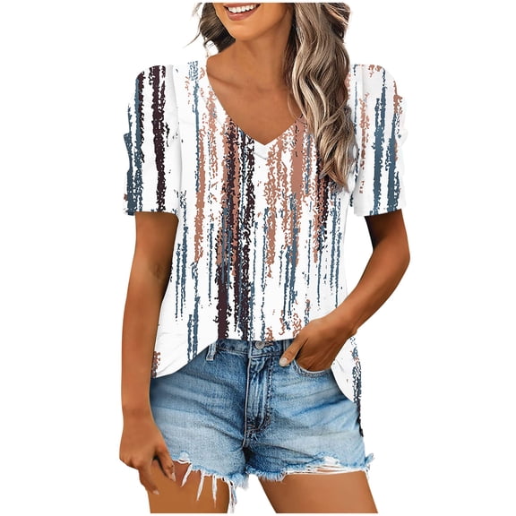 QQAMB Women Casual T-Shirts Plus Size Strip Printed Trendy V-Neck Short Sleeve Loose T-Shirt Blouse Tops White L