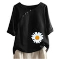 thumbnail image 1 of DeHolifer Women Cotton Linen Top Crewneck Button Daisy Printed Short Sleeve Casual T Shirt Ladies Summer Fashion Blouse Top Black L, 1 of 4