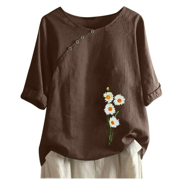 QQAMB Women Cotton Linen Top Crewneck Button Daisy Printed Short Sleeve Casual T Shirt Ladies Summer Fashion Blouse Top Brown 2XL