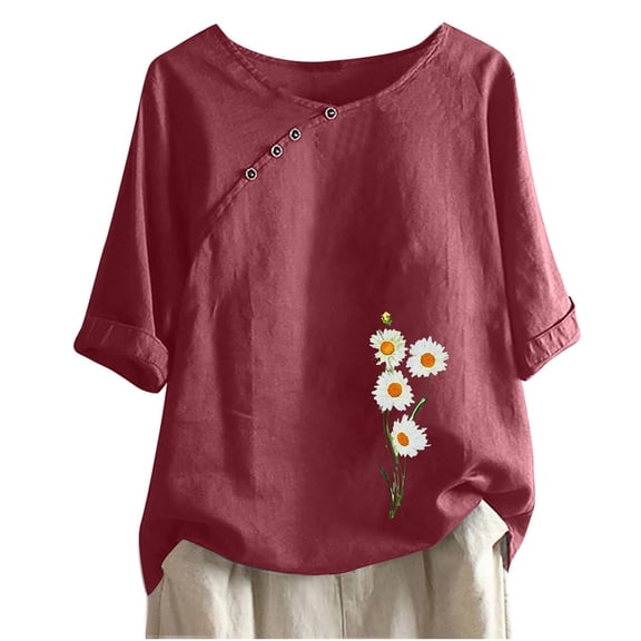 QQAMB Women Cotton Linen Top Crewneck Button Daisy Printed Short Sleeve Casual T Shirt Ladies Summer Fashion Blouse Top Red 2XL