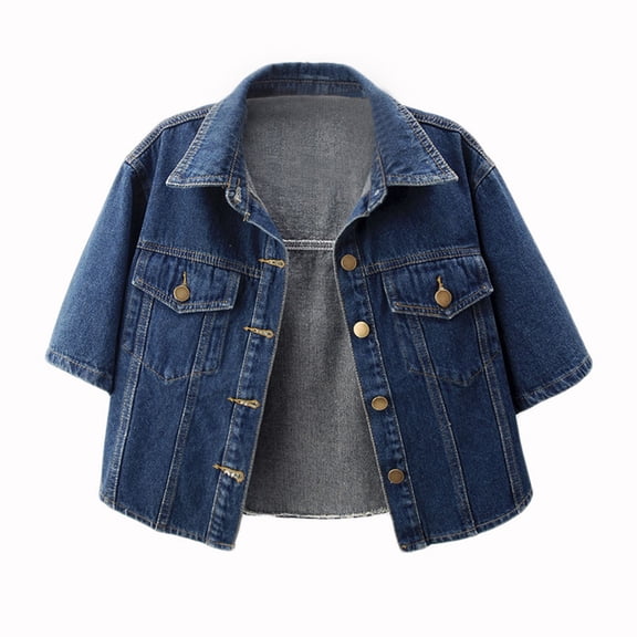 QQAMB Women Crop Jacket Coat Short Sleeve Button Down Shawl Stretch Denim Jean Jacket Winter Warm Coat Blue S