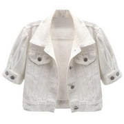 QQAMB Women Crop Jacket Coat Short Sleeve Button Down Shawl Stretch Denim Jean Jacket Winter Warm Coat White L