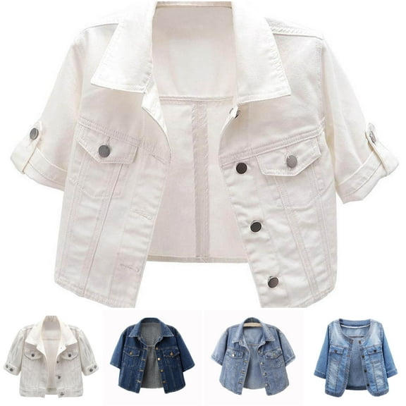 DeHolifer Women Crop Jacket Coat Short Sleeve Button Down Shawl Stretch Denim Jean Jacket Winter Warm Coat White M