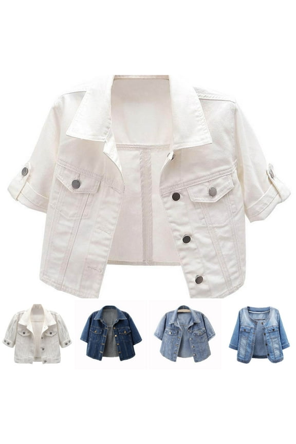 DeHolifer Women Crop Jacket Coat Short Sleeve Button Down Shawl Stretch Denim Jean Jacket Winter Warm Coat White M