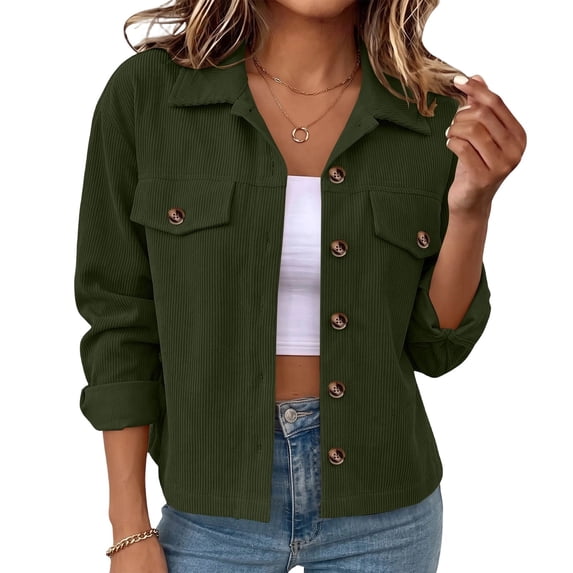 DeHolifer Women Cropped Shacket Jacket Lapel Winter Button Down Fall Winter Cardigan Corduroy Coat Army Green S