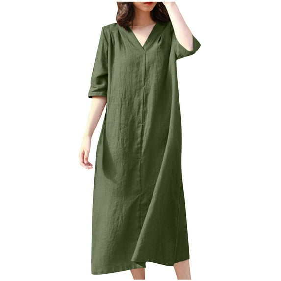 DeHolifer Women Dress 2023 Cotton Line Half Sleeve Loose Casual Swing Dress Solid Flowy Dresses Army Green M