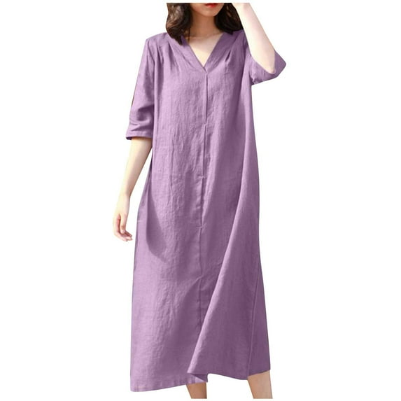 DeHolifer Women Dress 2023 Cotton Line Half Sleeve Loose Casual Swing Dress Solid Flowy Dresses Purple M