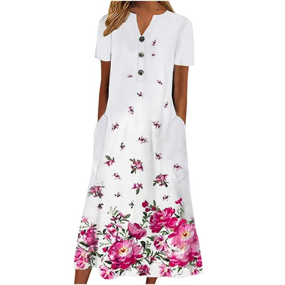 DeHolifer Women Dress V-Neck Button Floral Print Short Sleeve Summer Casual Loose Dress with Pocket Pink XL