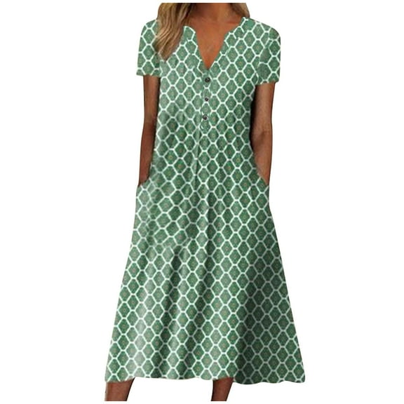 DeHolifer Women Dress V-Neck Button Geometry Print Short Sleeve Summer Casual Loose Dress with Pocket Green XL