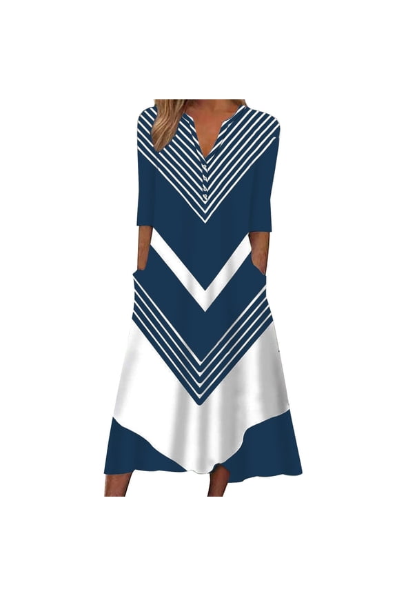 Women Dress V-Neck Button Strip Print Short Sleeve Summer Casual Loose Dress with Pocket Blue 2XL