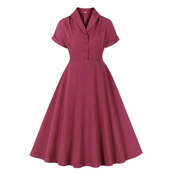 DeHolifer Women Dresses 1950s Vintage Audrey Hepburn Style Cocktail Party Swing Short Sleeve Dresses Retro Rockabilly Prom Dresses Wine XL