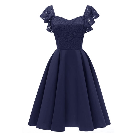 DeHolifer Women Dresses Lace Floral V-Neck Ruffles Short Sleeve Tight Waist A-Line Cocktail Party Swing Dress Blue M