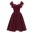 thumbnail image 1 of DeHolifer Women Dresses Lace Floral V-Neck Ruffles Short Sleeve Tight Waist A-Line Cocktail Party Swing Dress Wine L, 1 of 6