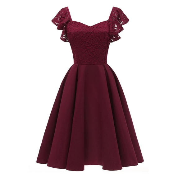 DeHolifer Women Dresses Lace Floral V-Neck Ruffles Short Sleeve Tight Waist A-Line Cocktail Party Swing Dress Wine L
