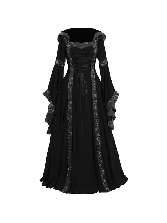 Women Dresses Renaissance Medieval Dress With Trumpet Sleeves Gothic Dress Ladies Medieval Clothing Ladies for Halloween Carnival Black M