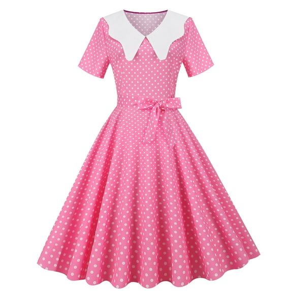 DeHolifer Women Dresses Vintage 1950s Pink Dot Short Sleeve A-Line Dresses Rockabilly Pinup Dresses 50s Swing Cocktail Party Dress Pink S
