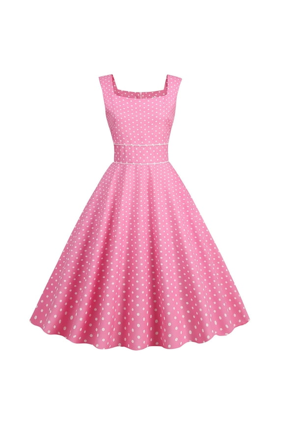 DeHolifer Women Dresses Vintage 1950s Pink Dot Sleeveless A-Line Dresses Rockabilly Pinup Dresses 50s Swing Cocktail Party Dress Pink XL