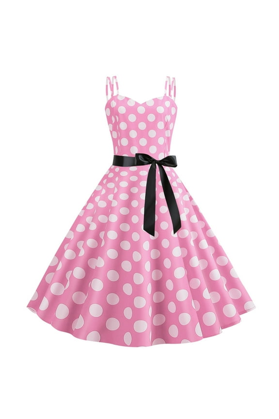 DeHolifer Women Dresses Vintage 1950s Pink Dot Sleeveless A-Line Dresses Rockabilly Pinup Dresses 50s Swing Cocktail Party Dress with Belt Pink M