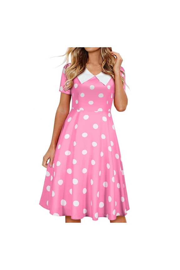 DeHolifer Women Dresses Vintage 1950s Pink Dot Sleeveless Trundown Collar Rockabilly Pinup Dresses 50s Swing Cocktail Party Dress Pink S