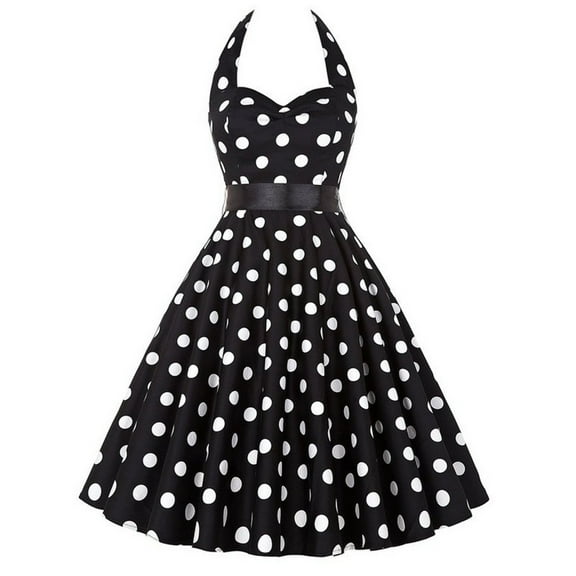 QQAMB Women Dresses Vintage Rockabilly 50s Retro Hepburn Style Halterneck A-Line Swing Dresses Black 2XL