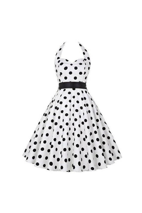 Women Dresses Vintage Rockabilly 50s Retro Hepburn Style Halterneck A-Line Swing Dresses White 2XL