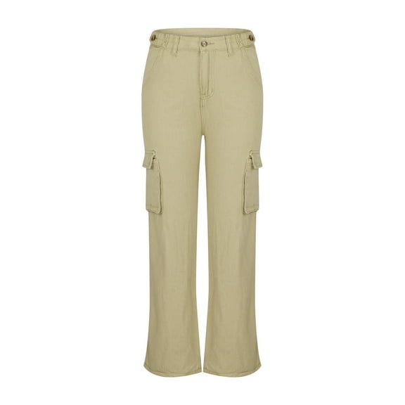 DeHolifer Women High Waisted Stretch Cargo Pants Wide Leg Casual Pants with 6 Pockets Relaxed Fit Straight Wide Leg Y2K Pants Khaki Large
